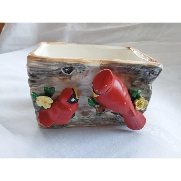 Vintage 1970s Cardinal bird ceramic planter hollow log design no chips or cracks - Picture 7 of 8